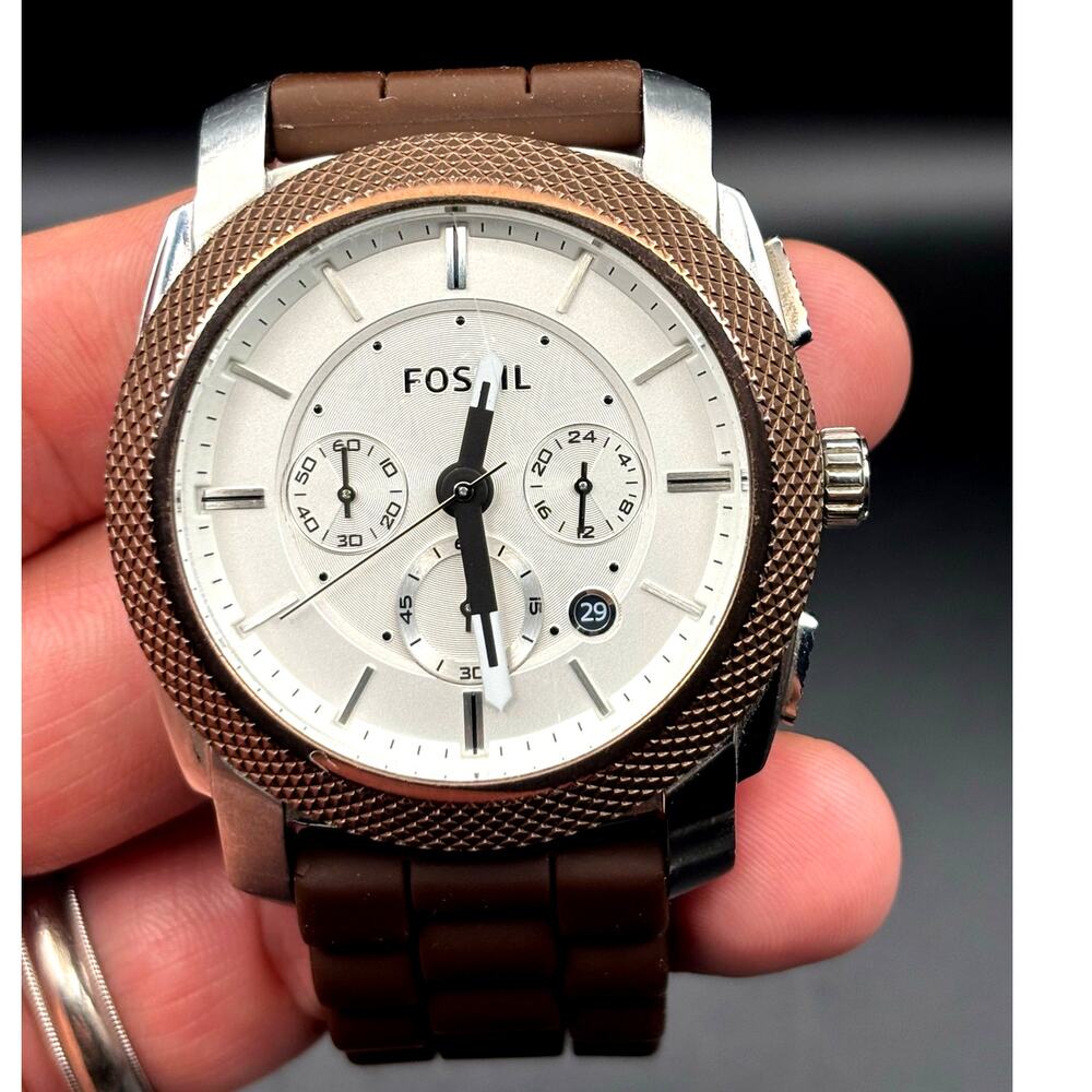 Fossil Machine FS4596 Men’s Chronograph white Dial Brown Silicone Strap Watch - Picture 10 of 17
